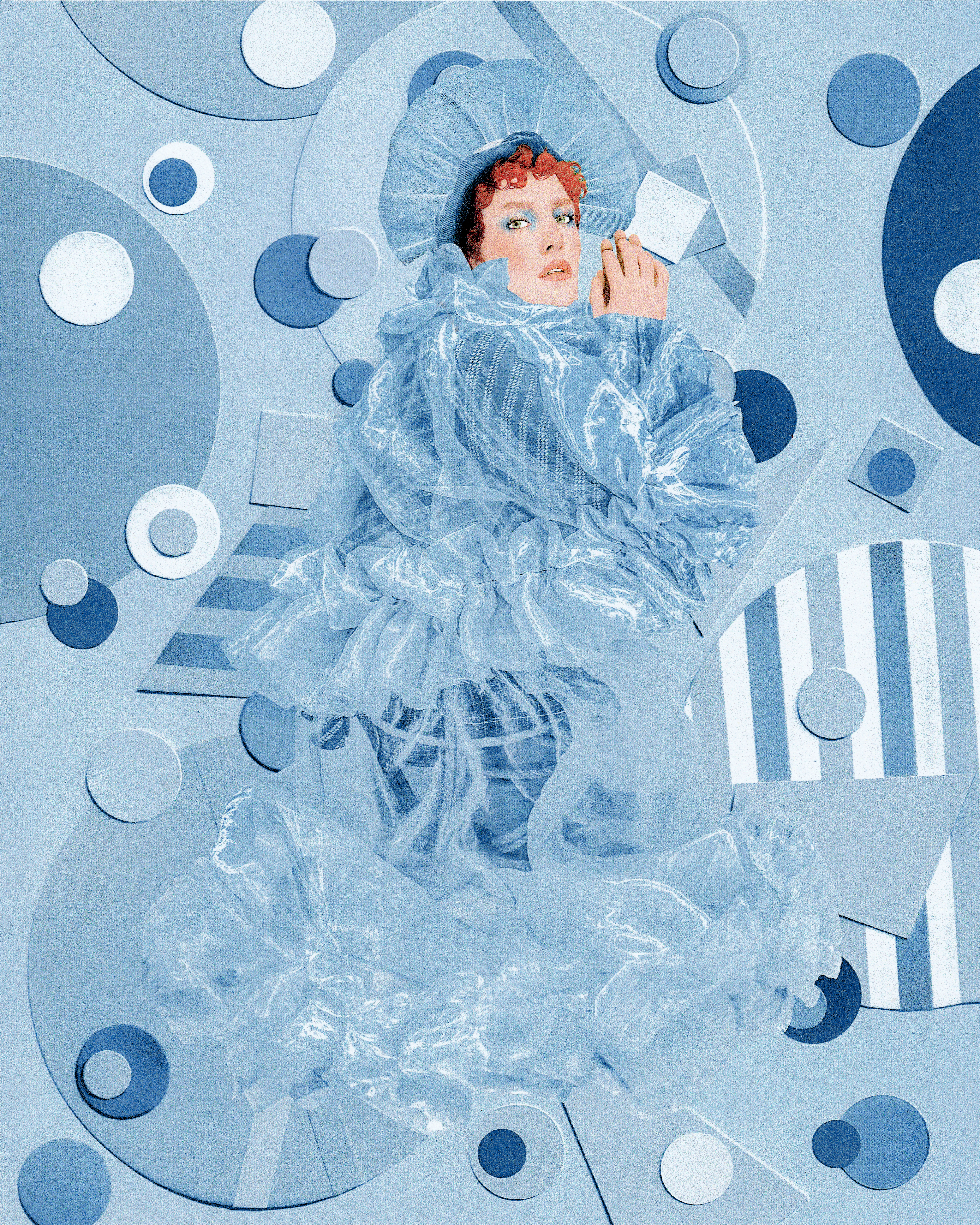 Blue theater costume in geometric setting